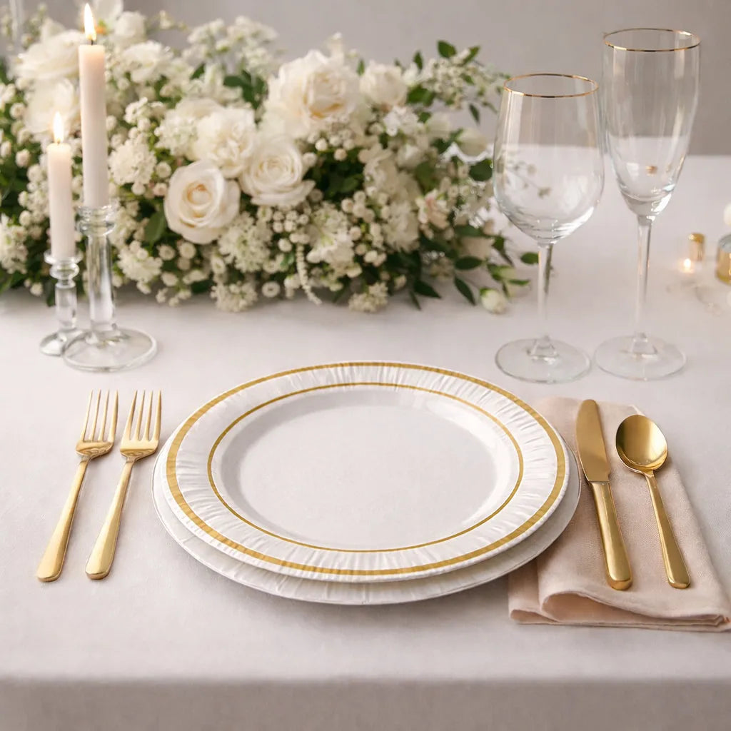 Assiette Jetable Mariage Blanc et Doré