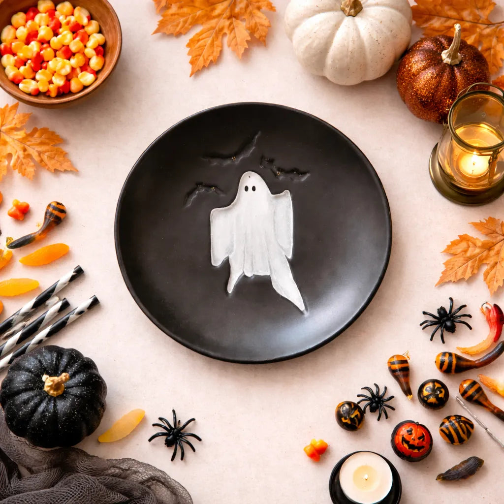 Assiette Noire en Plastique Motif Fantôme