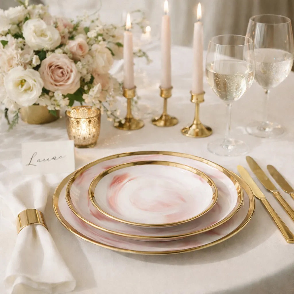 Assiette Rose Marbré à Bord Doré