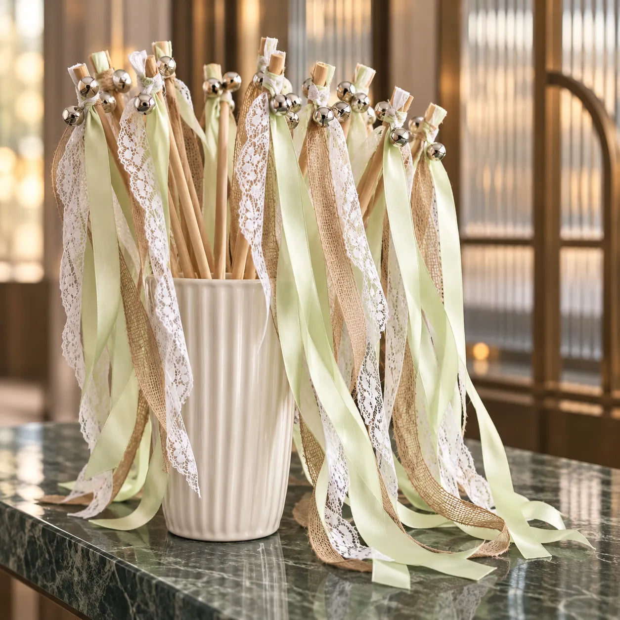 Baguette à Rubans Mariage Vert Tendre Unique