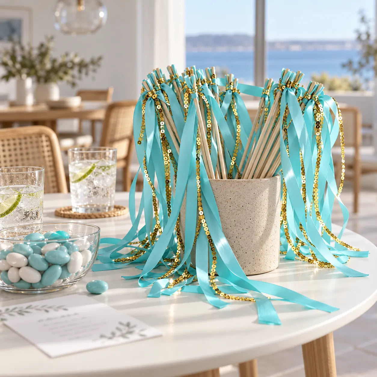 Baguette de Rubans Bleu à Feuillages Dorés Turquoise