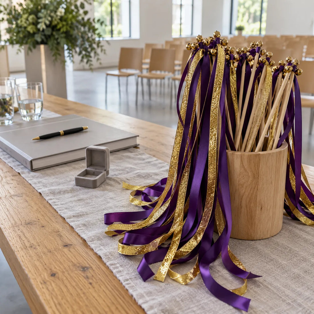 Baguette de Rubans Mariage Violet et Or Elégant