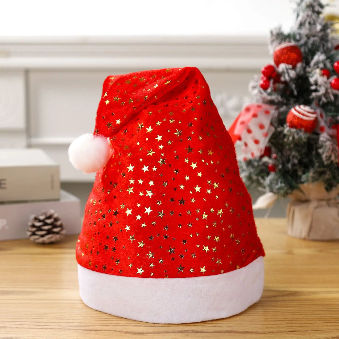 Bonnet de Noël Rouge à Motifs Étoiles