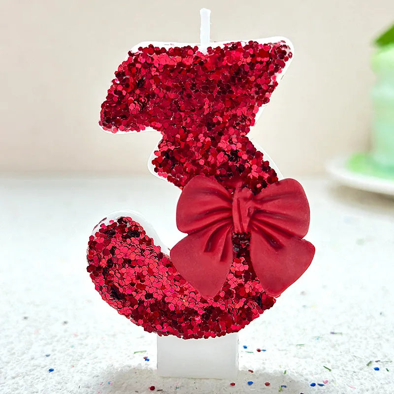 Bougie Anniversaire Chiffre 3 Rouge Vin Motif Nœud 