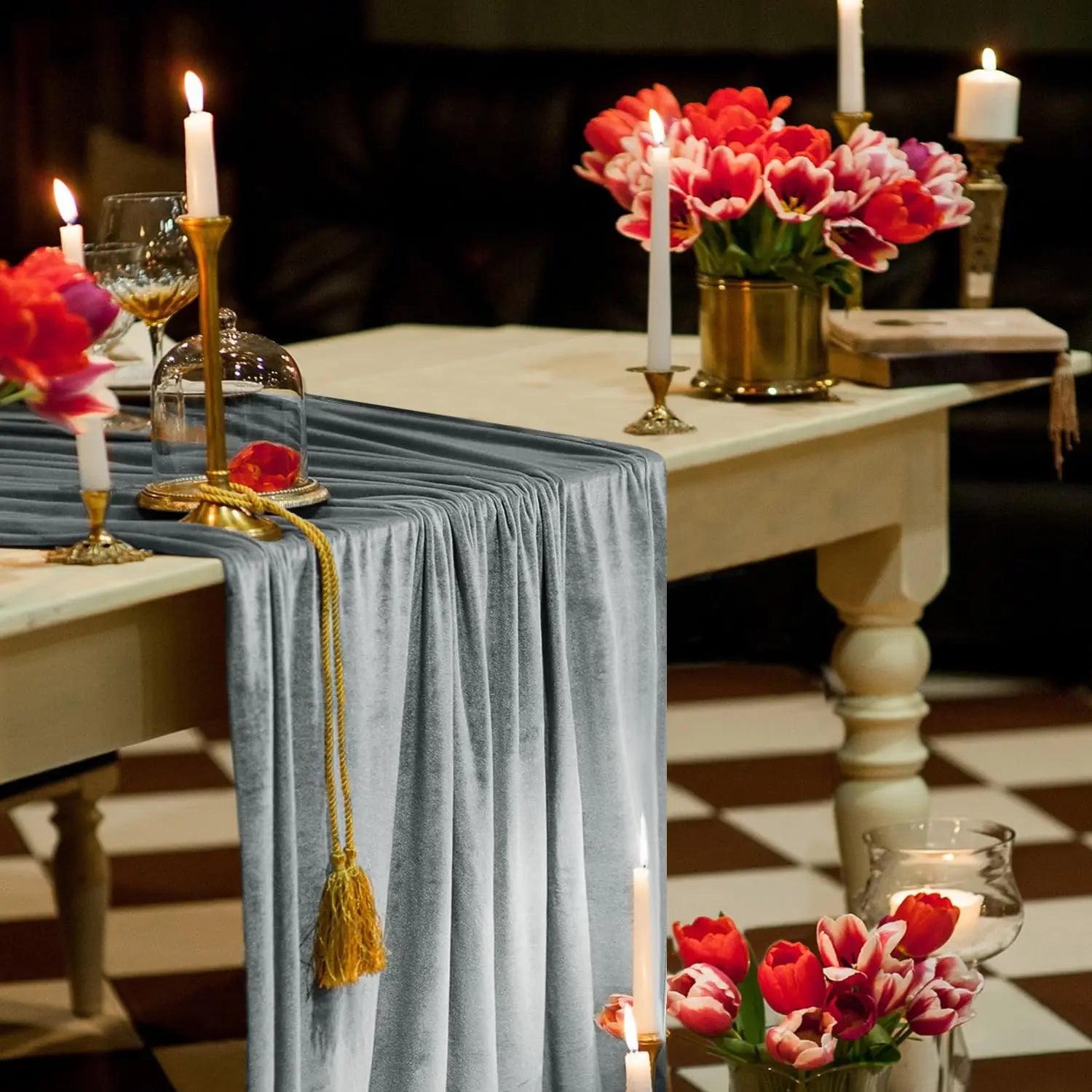 Chemin de Table Mariage Gris velouté Stylé