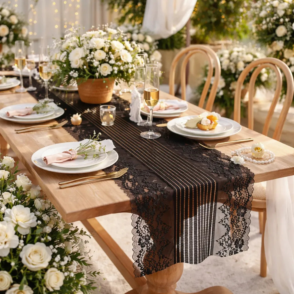 Chemin de Table Mariage en Dentelles Noir