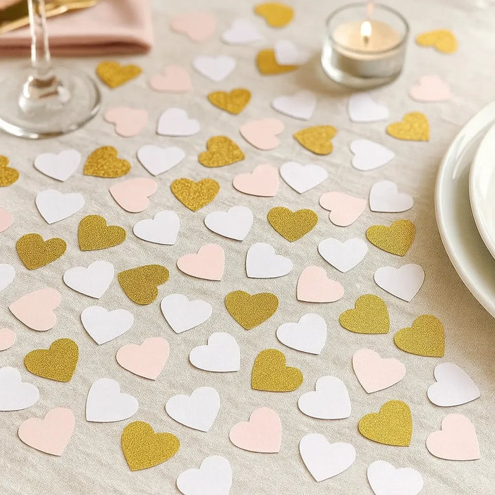 Confettis Cœurs Dorés Roses et Blancs