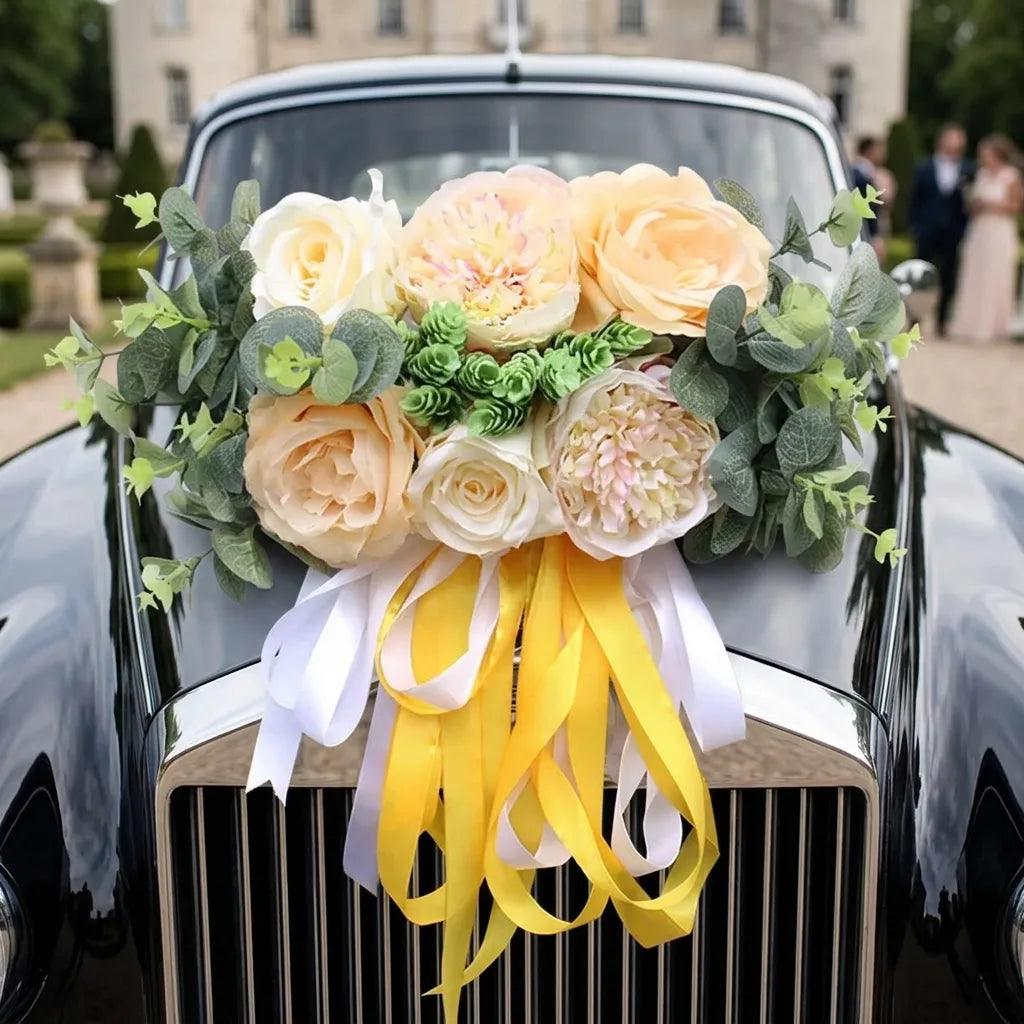 Déco Fleurs Jaune Voiture Mariage Majestueux