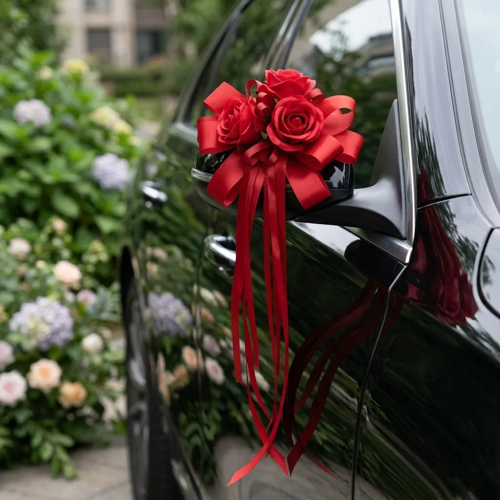 Déco Florale Rouge Portière Voiture Mariage Somptueux