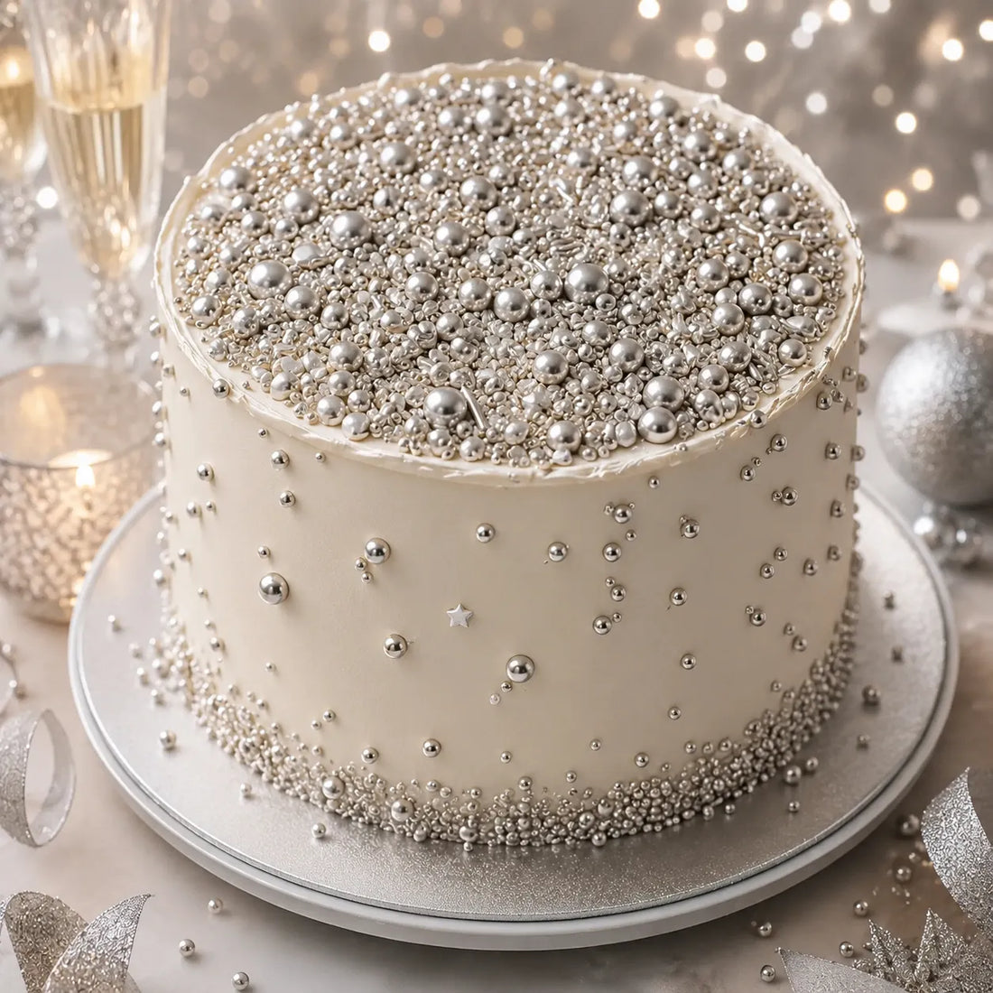 Déco Gâteau Argentée Comestible Festive