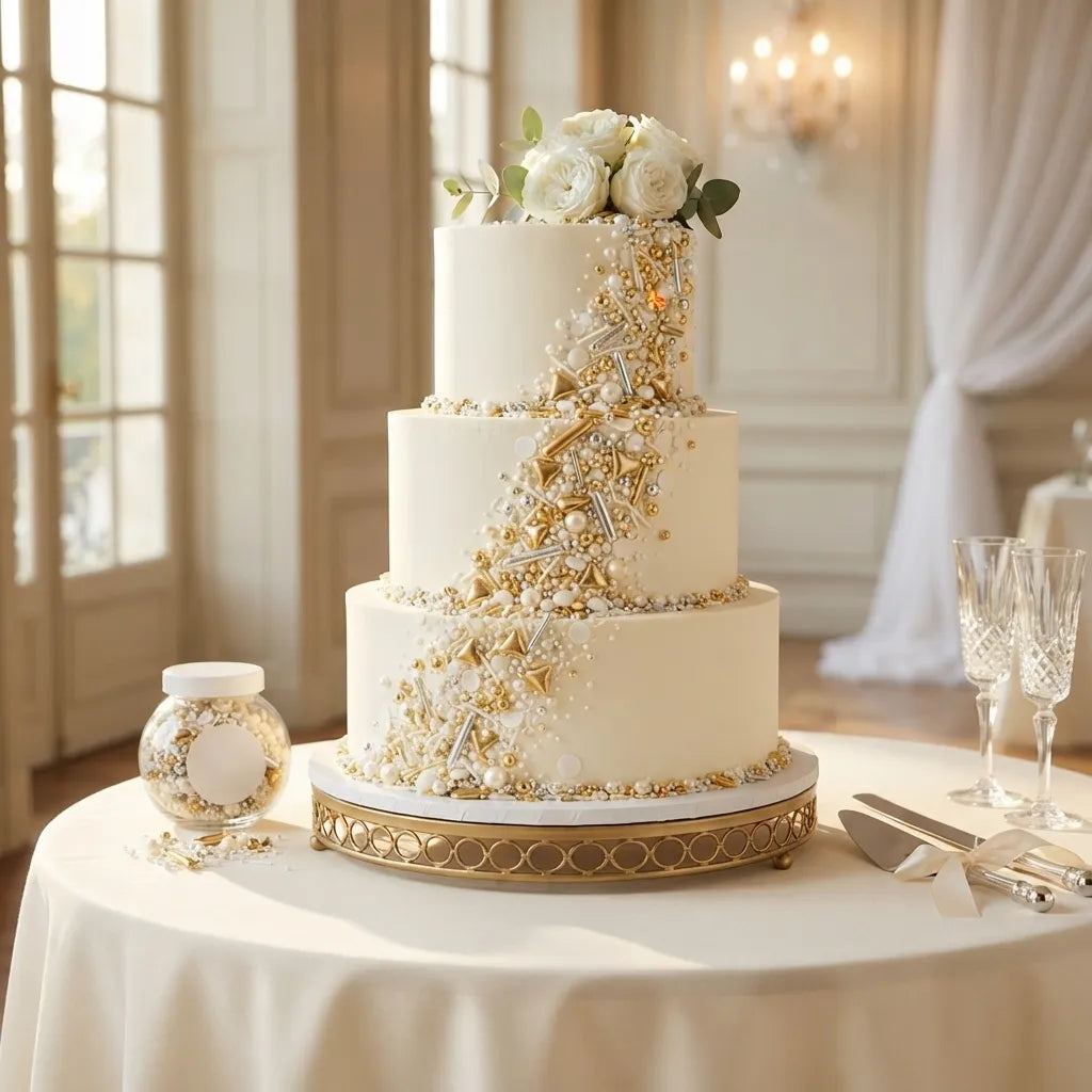 Déco Gâteau Comestible Doré et Blanc Design