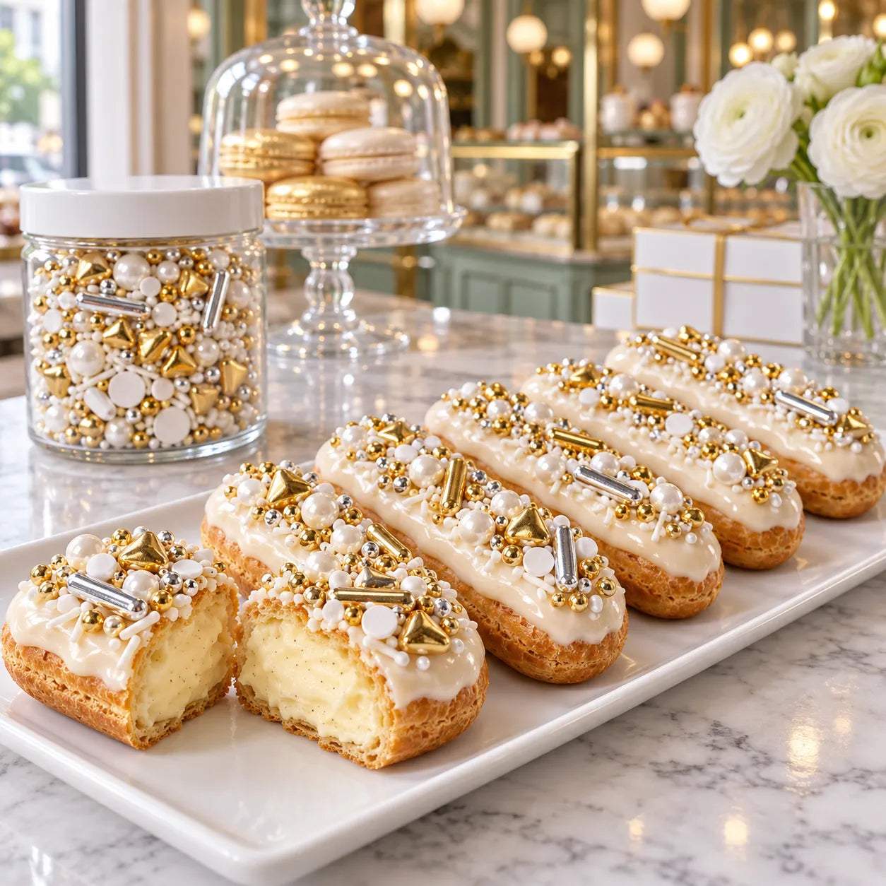 Déco Gâteau Comestible Doré et Blanc Métallique