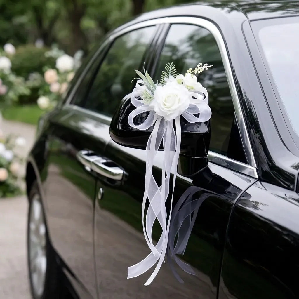 Décor Floral Blanc Voiture Mariage Somptueux