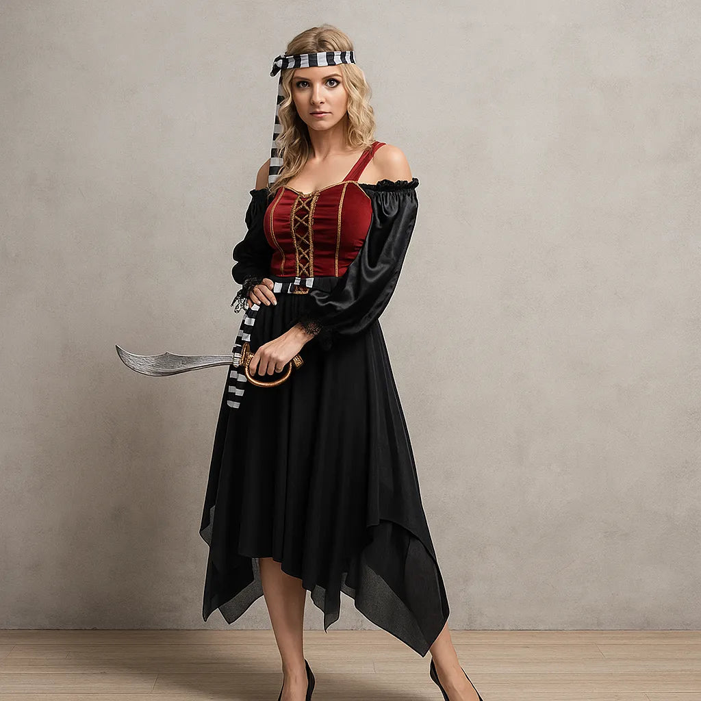 Déguisement Femme Pirate Noir et Rouge