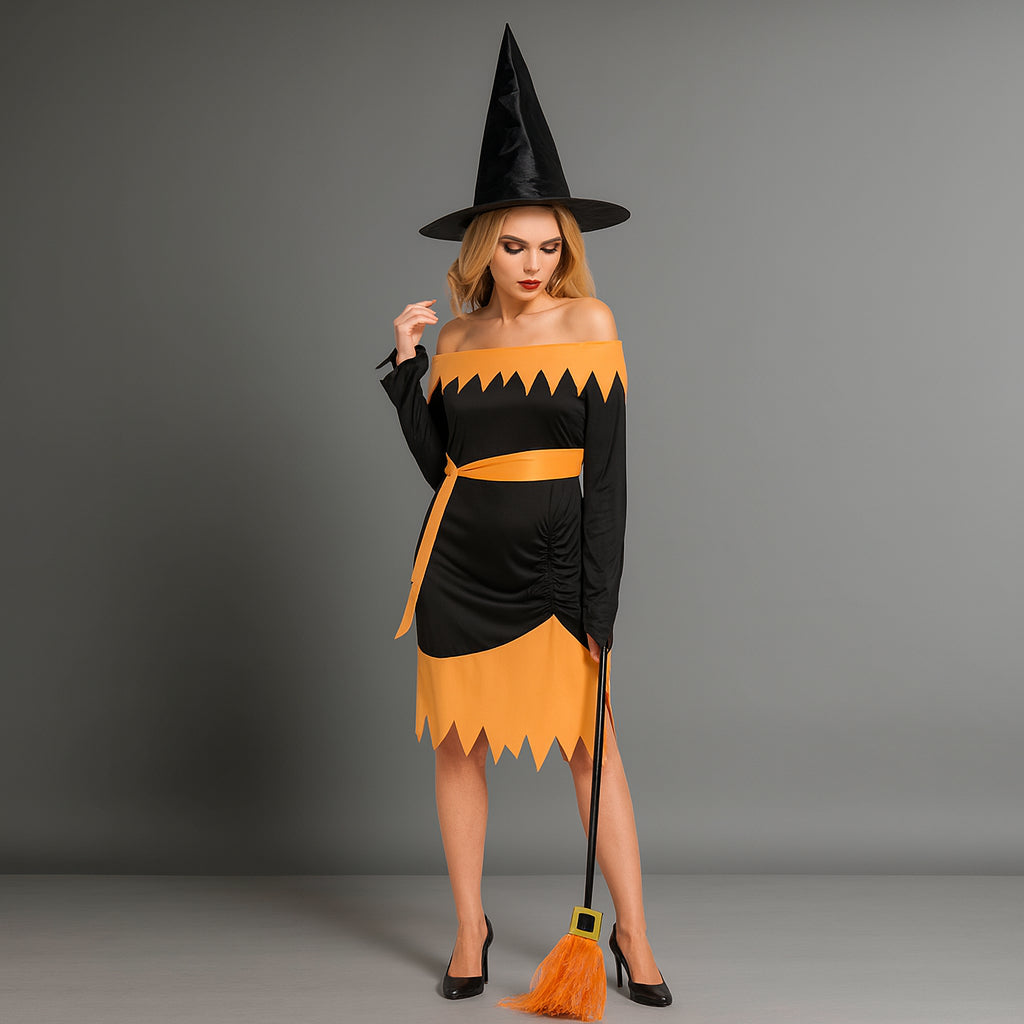 Déguisement Sorcière Orange et noir avec Chapeau