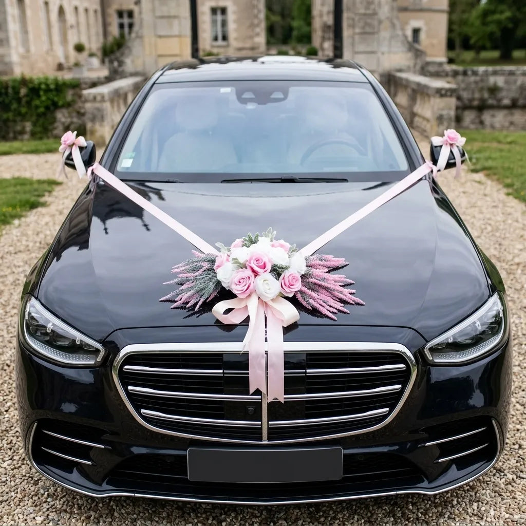 Ensemble Floral Rose pour Voiture Mariage Majestueux
