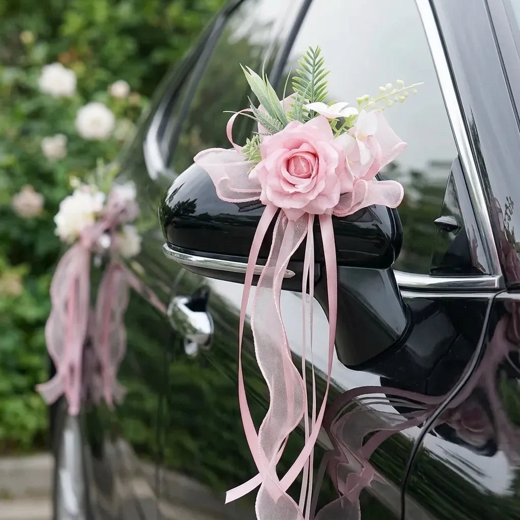 Fleur Rose à Ruban Véhicule Mariage Somptueux