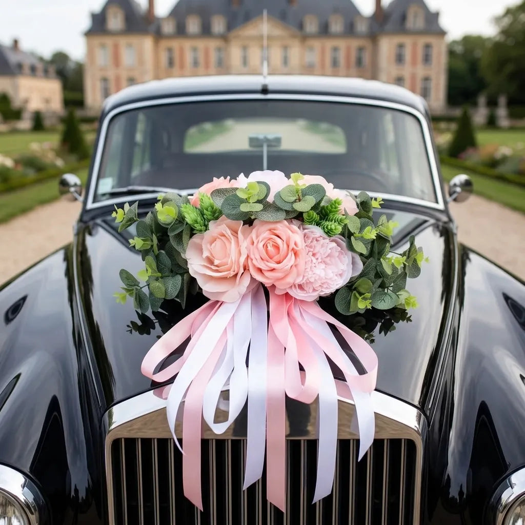 Fleurs Roses à Feuillages Voiture Mariage Majestueux