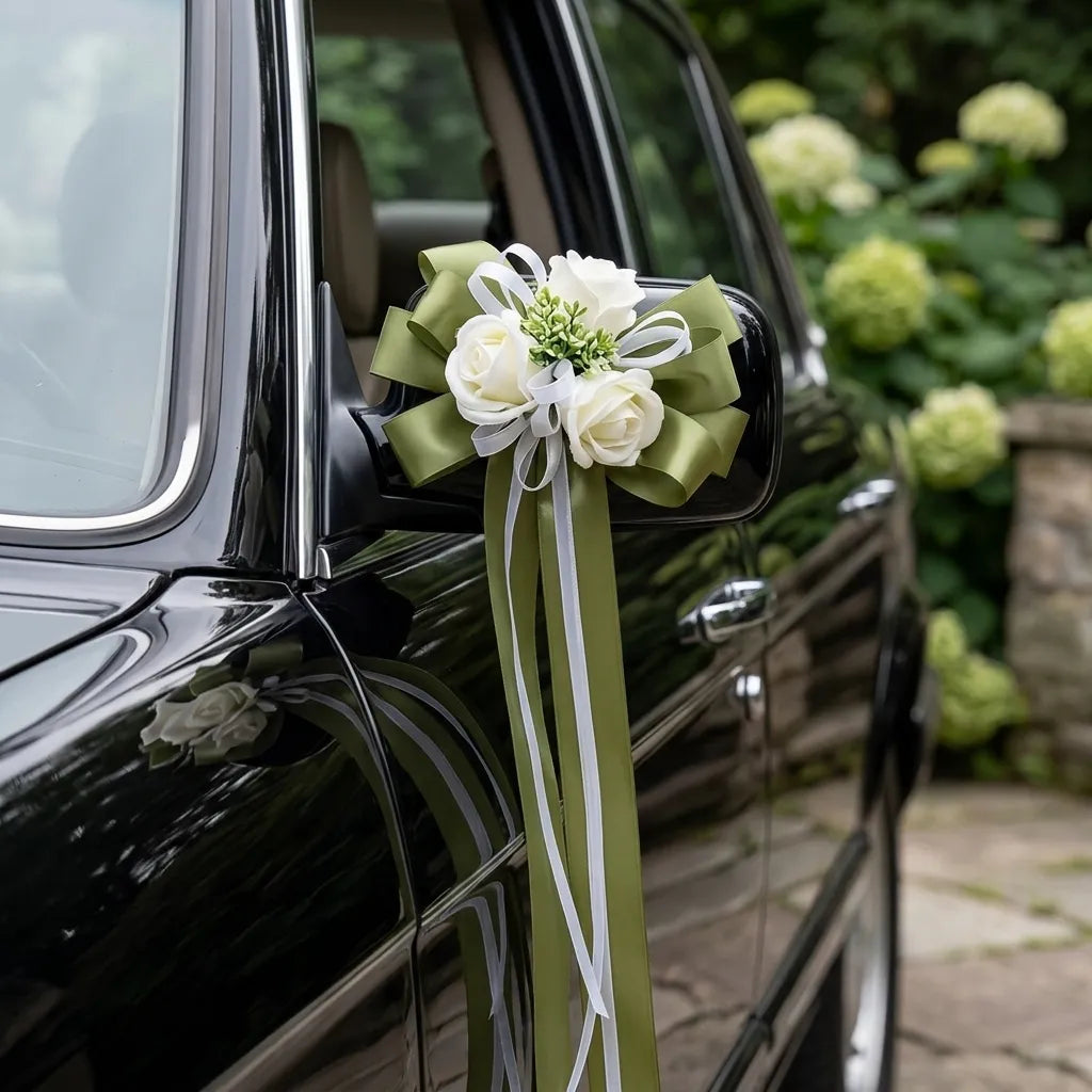 Fleurs à Ruban Vert pour Voiture Mariage Somptueux