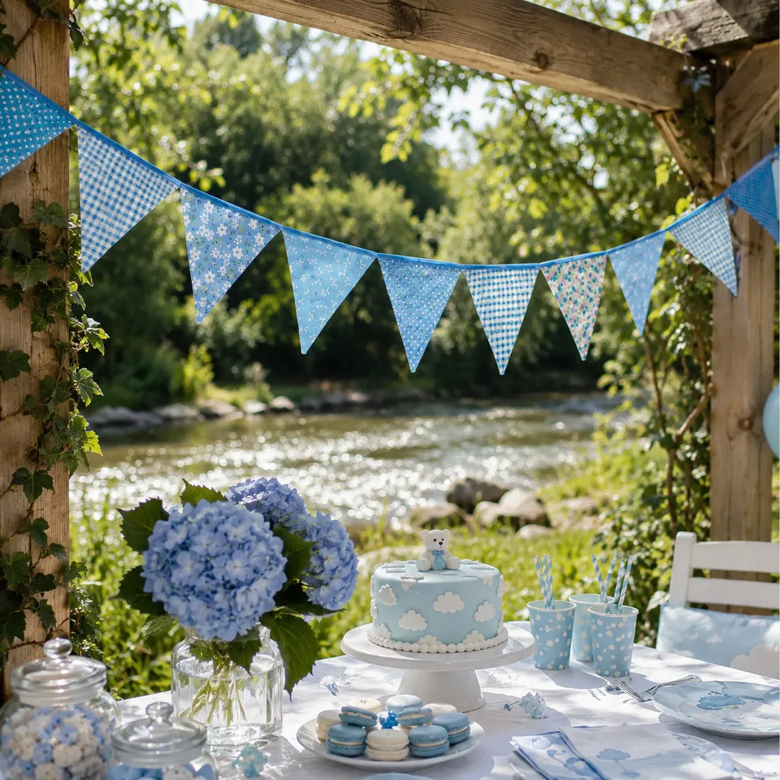 Guirlande Tissu Bleu Fleuri 