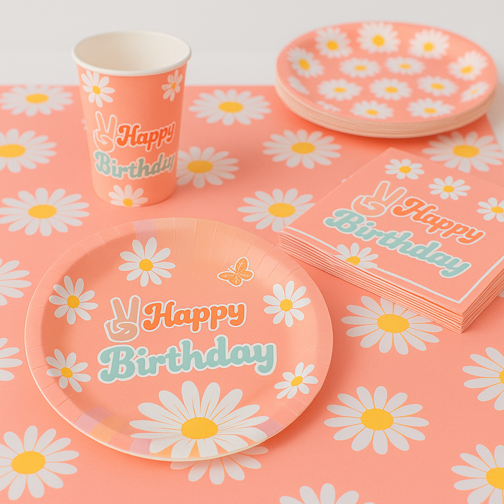 Kit Vaisselle Happy Birthday Fleuri Rose