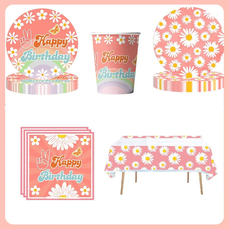 Kit Vaisselle Happy Birthday Fleuri Rose