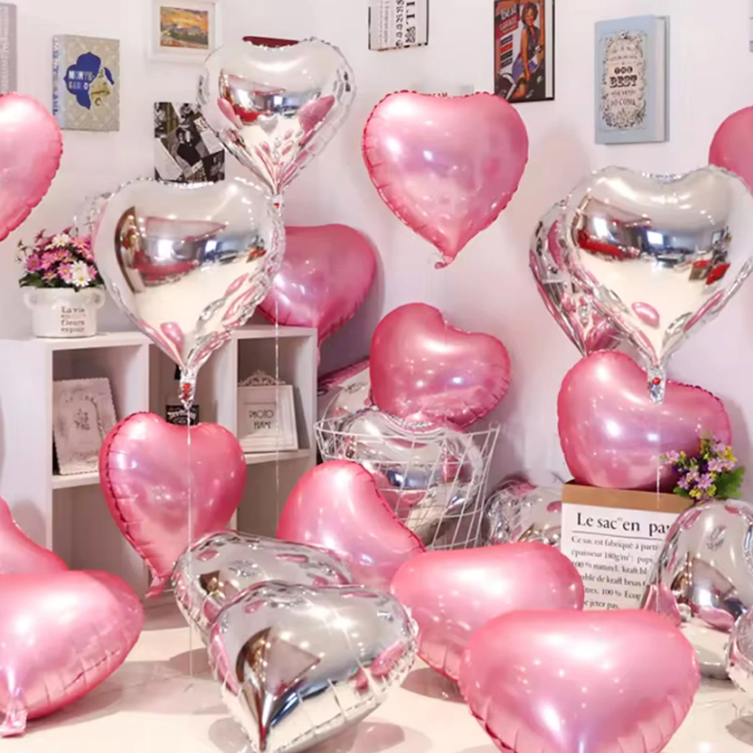Lot de Ballons Cœur Roses et Argentés