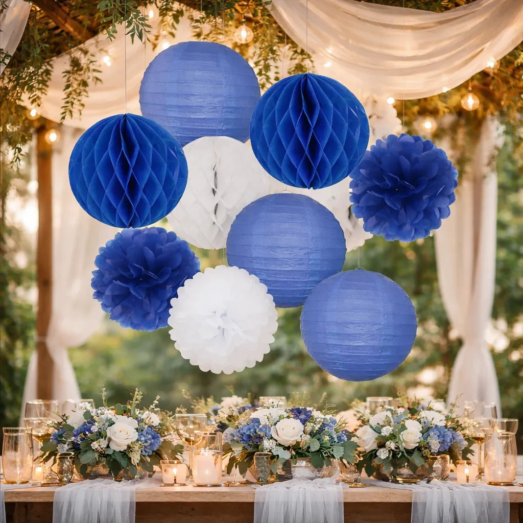 Lot de Lampions en Papier Bleu Unique
