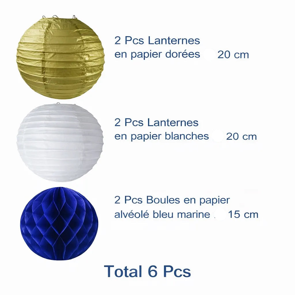 Lot de Lanternes en Papier Bleu et Doré Stylé