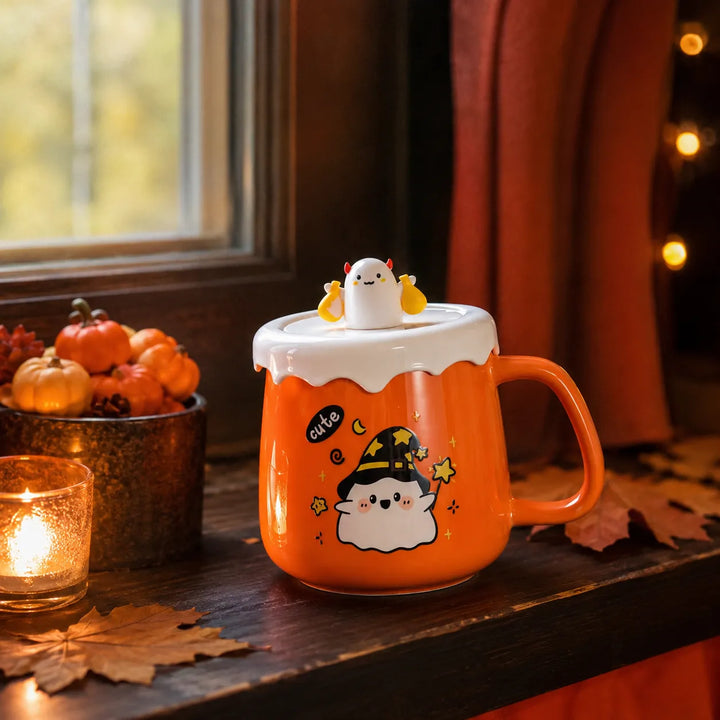 Mug Halloween à Couvercle Orange Stylé