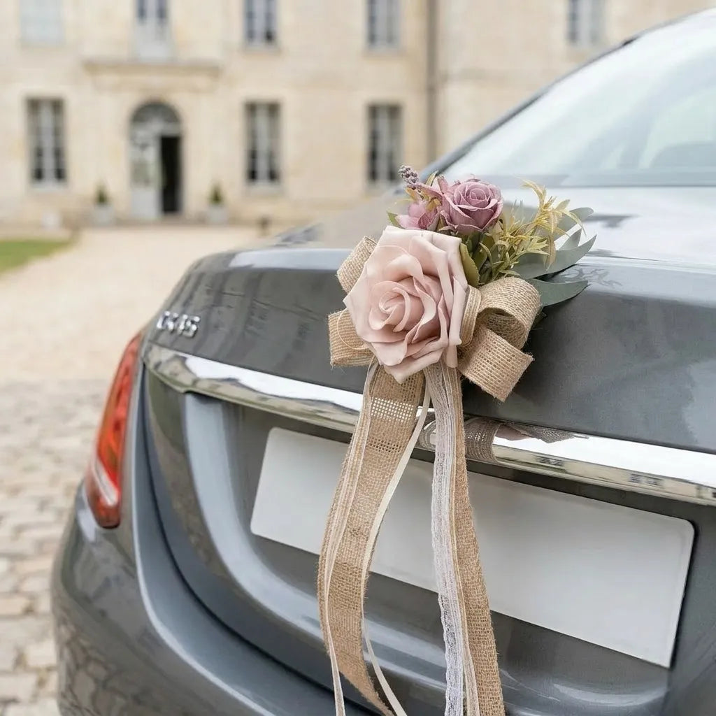 Nœuds Fleurs Rose Voiture Mariage