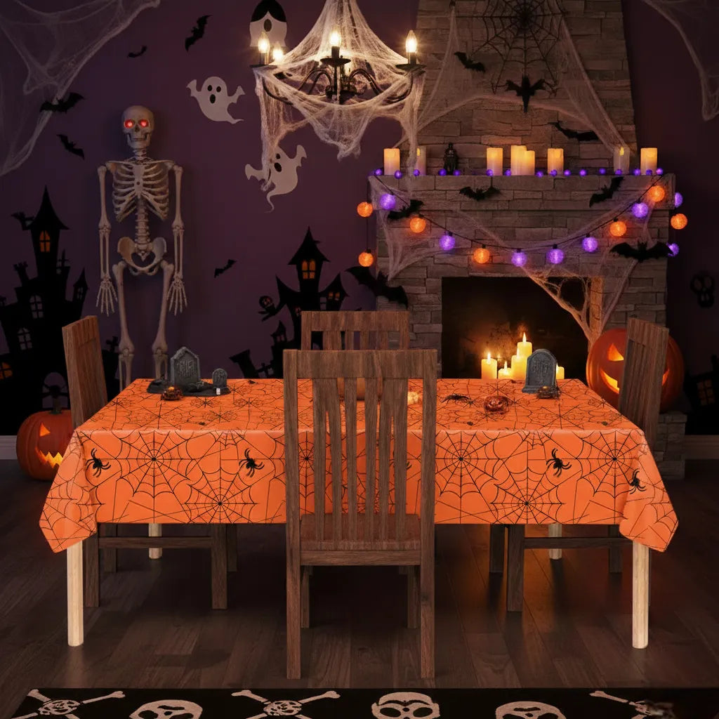 Nappe Halloween Orange Toile D’Araignée