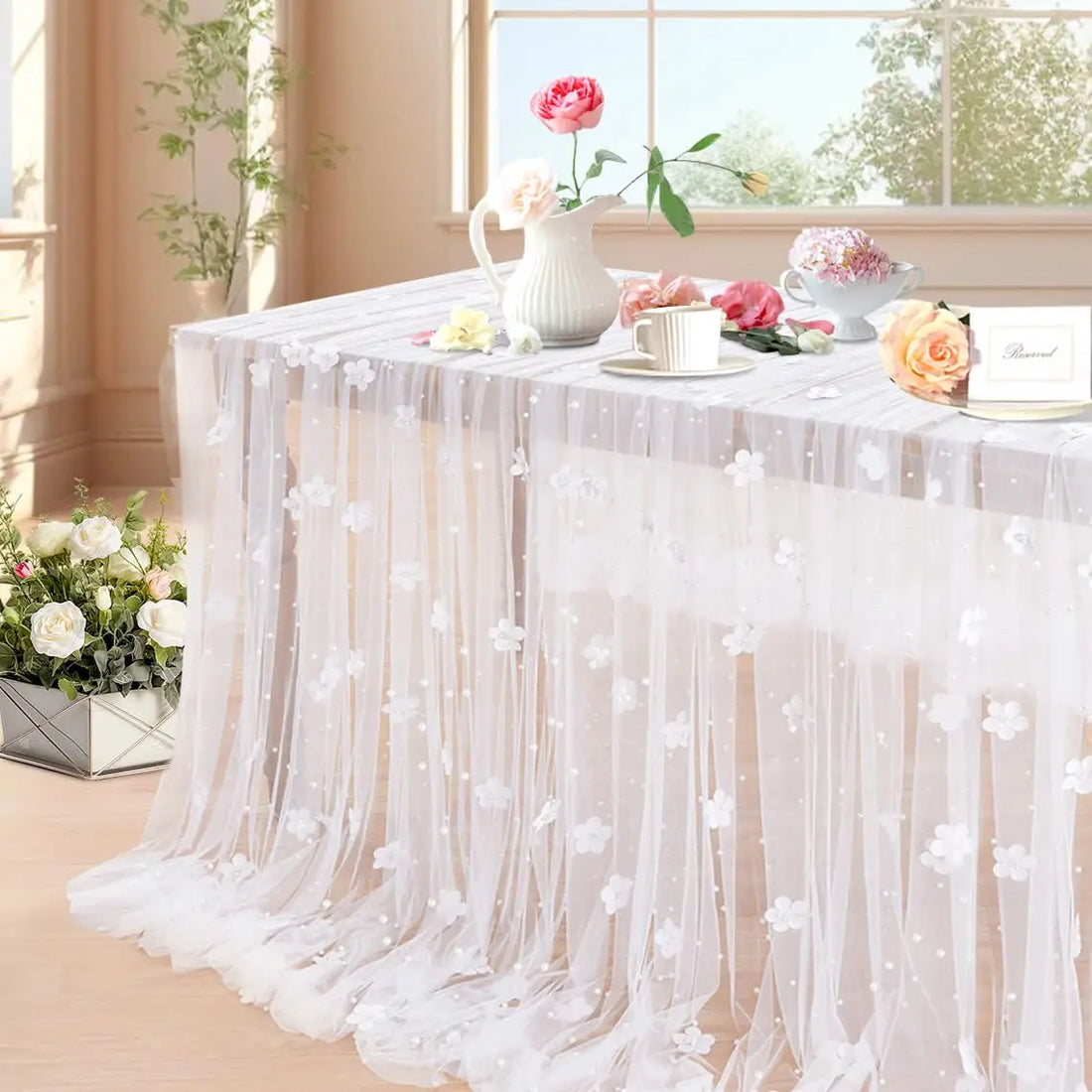 Nappe de Table Saint-Valentin à Perles et à Fleurs