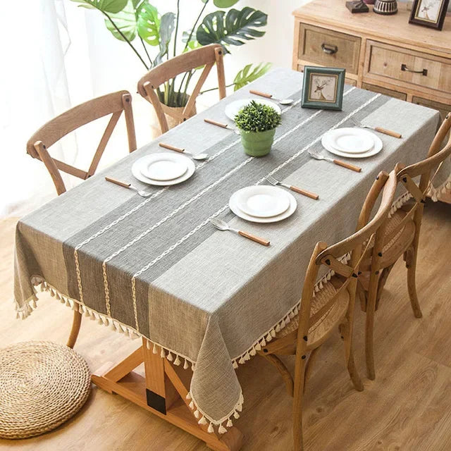 Nappe de Table en Lin à Pompons Gris