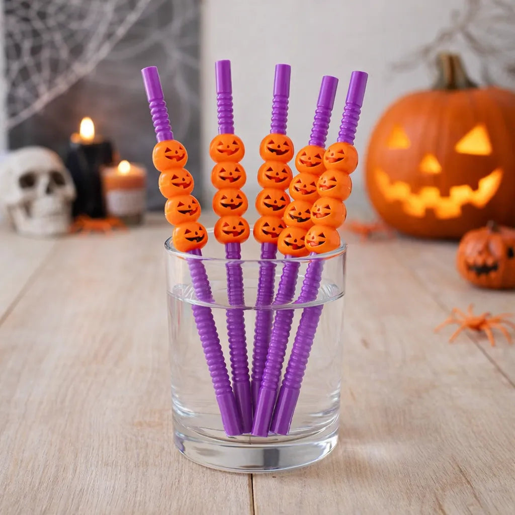 Paille Jetable Violet Motif Citrouilles