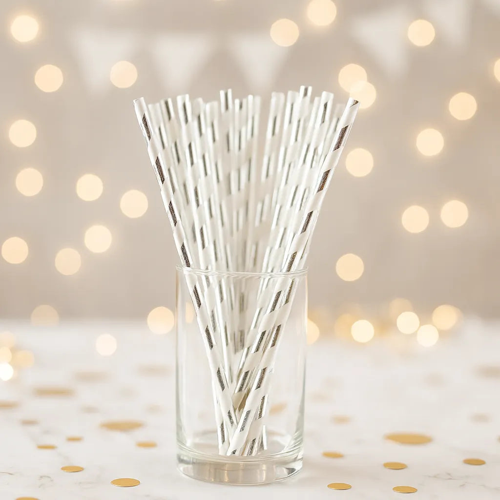 Paille en Plastique Blanche et Argentée