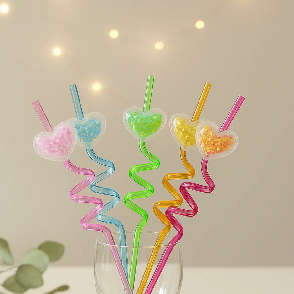 Paille en Plastique Spirale Cœur Pailleté