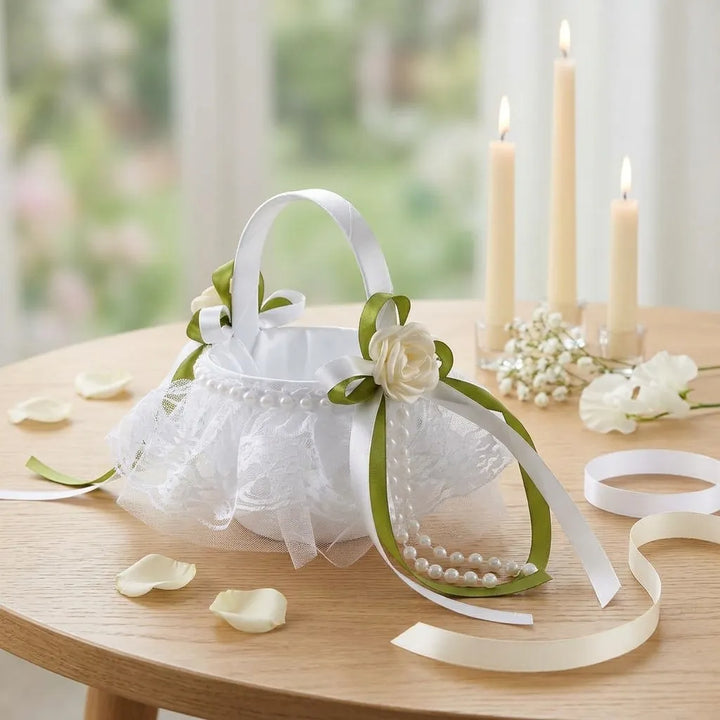 Panier à Pétales à Ruban Vert romantique