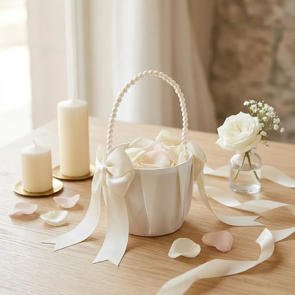 Panier à Pétales en Satin Blanc romantique
