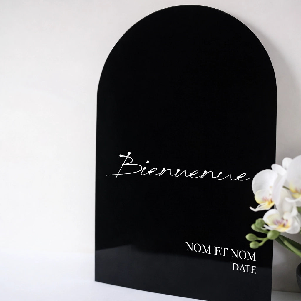 Panneau de Bienvenue Mariage Noir Arc en Acrylique