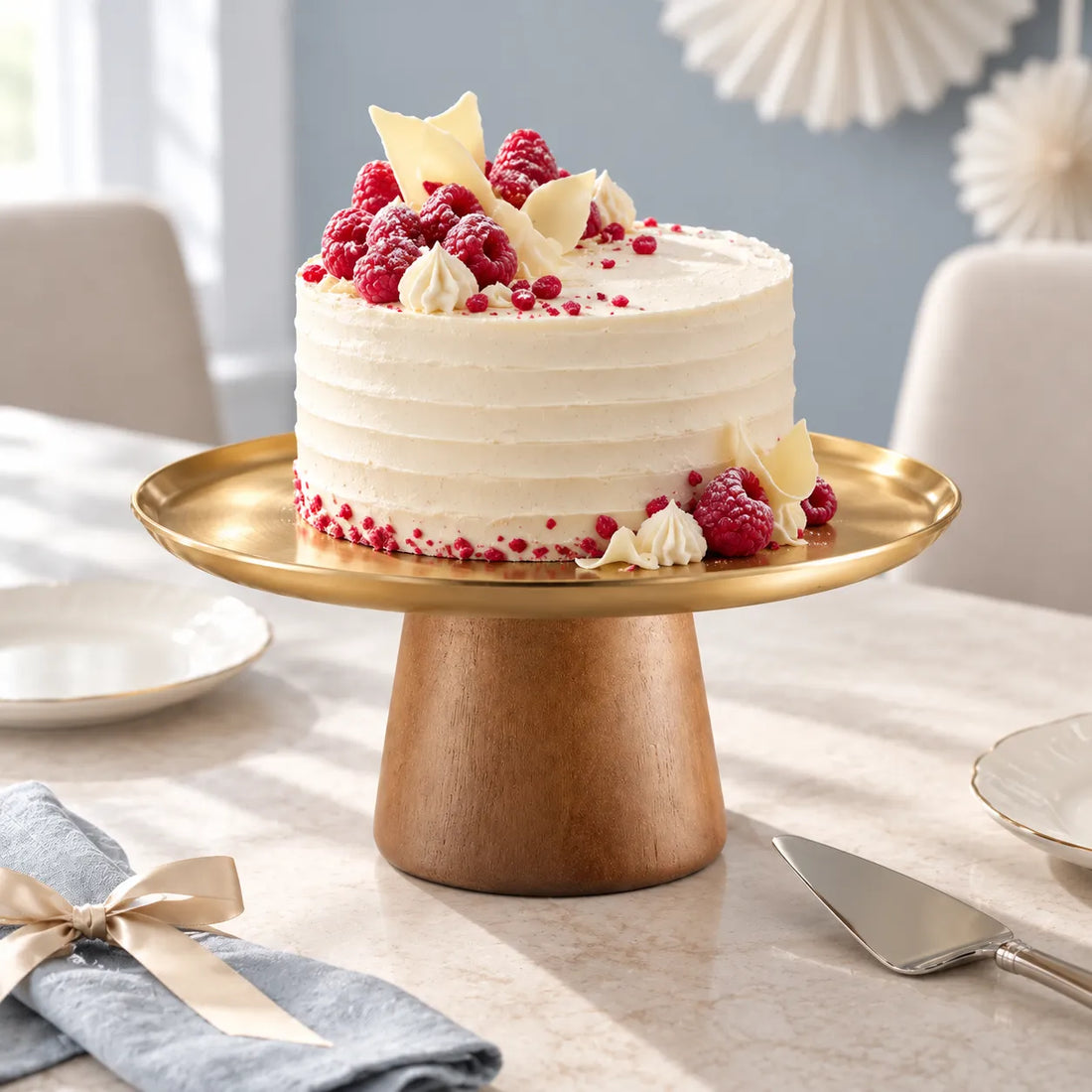 Présentoir Gâteau en Bois et Inox Doré classe