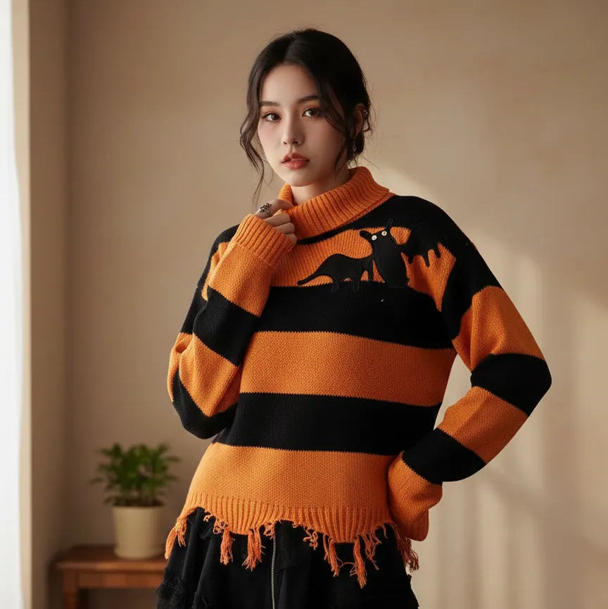 Pull Halloween Rayé Orange et Noir Femme