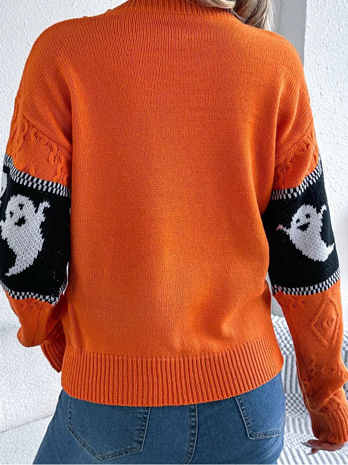 Pull Tricoté Femme Orange Motif Fantômes Dos