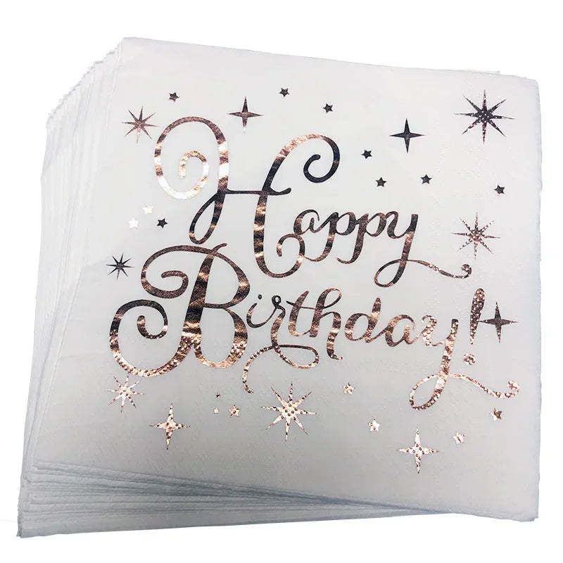 Serviette Anniversaire Blanc et Rose Gold
