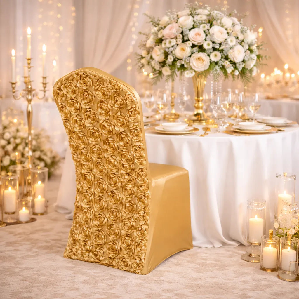 housse de chaise mariage en satin gold élégant